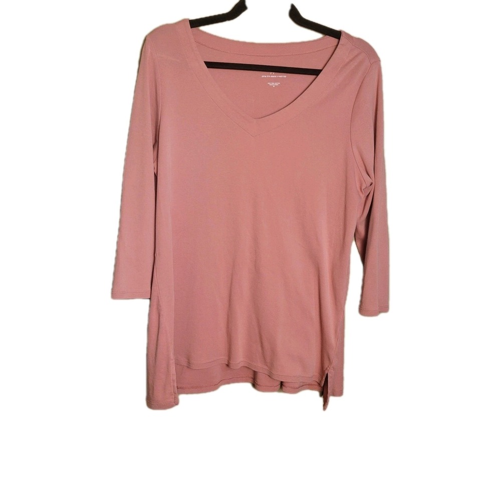 J. Jill Pima Cotton Top Womens M Pink 3/4 Sleeve V Neck Relaxed Casual Tee‎